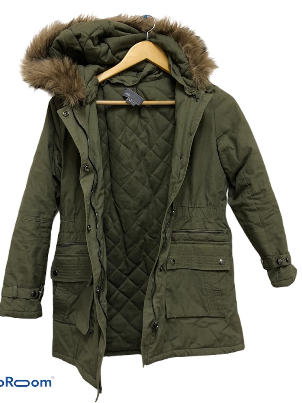 Vince Olive Army Green Quilted Utility Parka Jacket with Faux Fur Hood